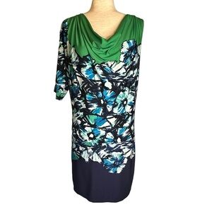 BCBGMaxazria Floral Emerald Combo‎ Green Blue Draped Dress One Sleeve Small